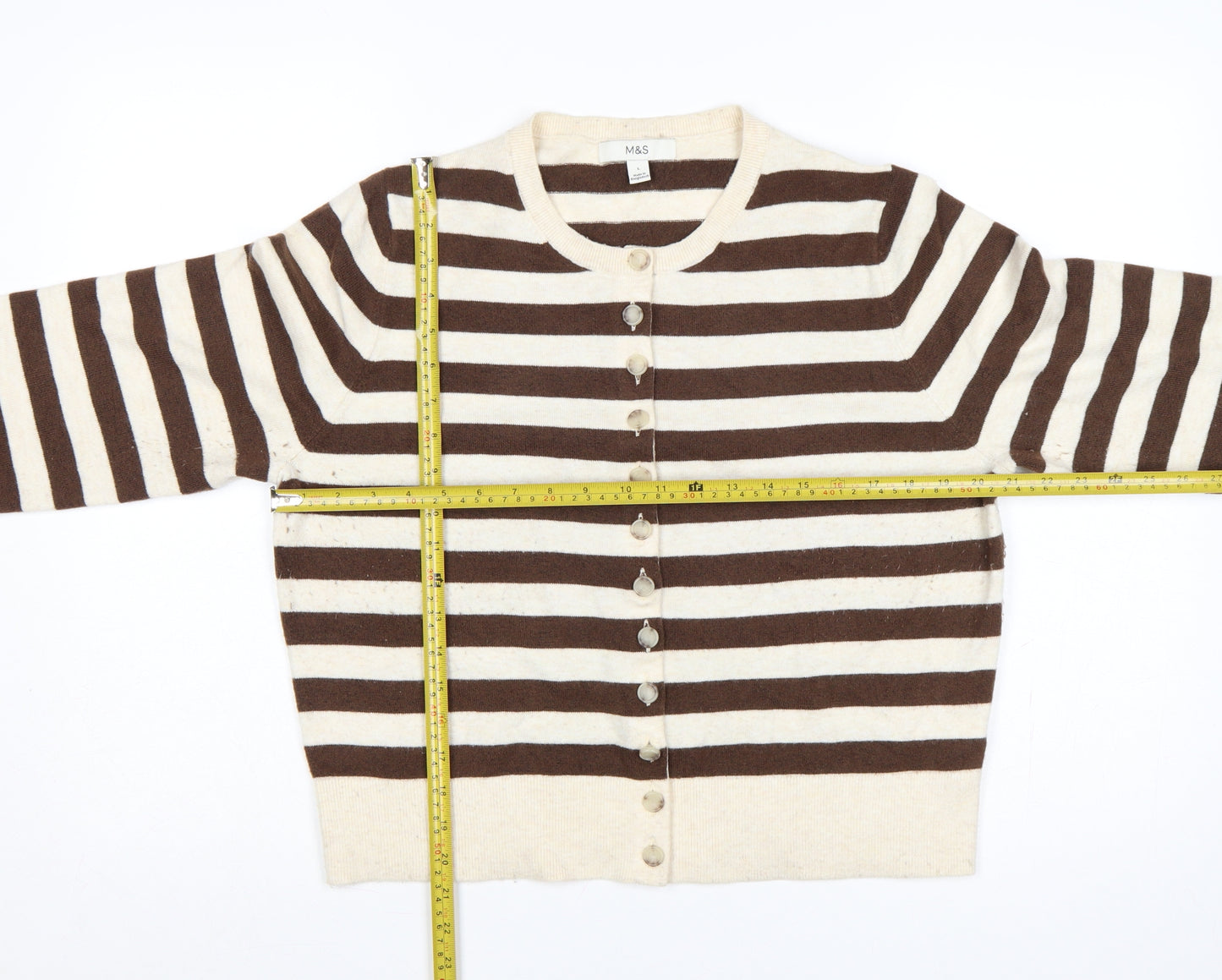 Marks & Spencer Women's Brown Ivory L Striped Button Knit Cardigan