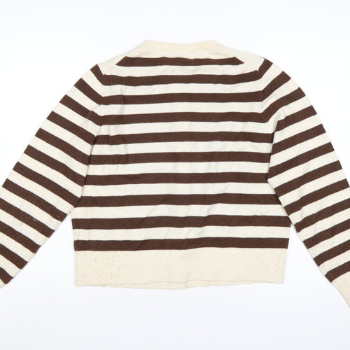 Marks & Spencer Women's Brown Ivory L Striped Button Knit Cardigan