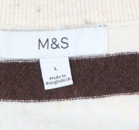 Marks & Spencer Women's Brown Ivory L Striped Button Knit Cardigan