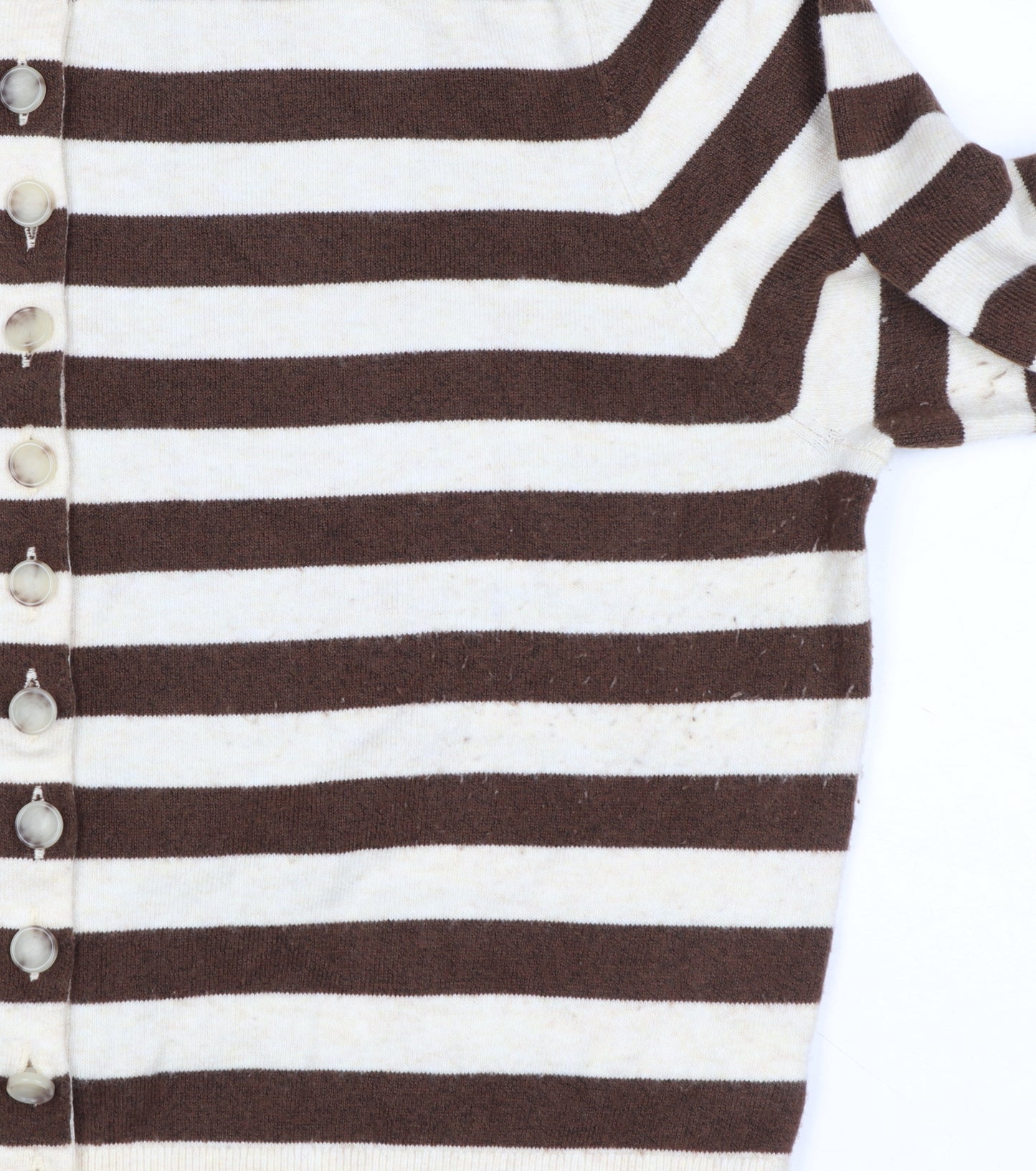Marks & Spencer Women's Brown Ivory L Striped Button Knit Cardigan
