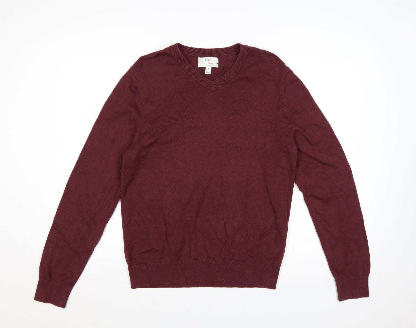 Marks and Spencer Women's Red M V-Neck Cotton Knit Pullover Jumper
