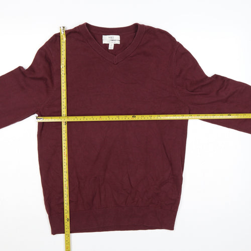 Marks and Spencer Women's Red M V-Neck Cotton Knit Pullover Jumper