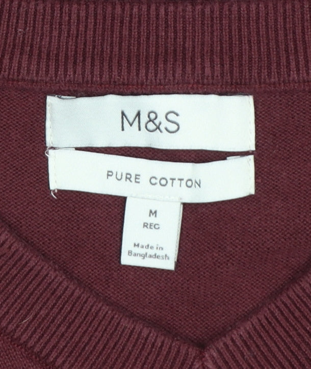 Marks and Spencer Women's Red M V-Neck Cotton Knit Pullover Jumper