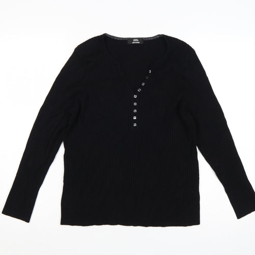 Marks and Spencer Women Black UK 22 Ribbed V-Neck Henley Jumper Stretch
