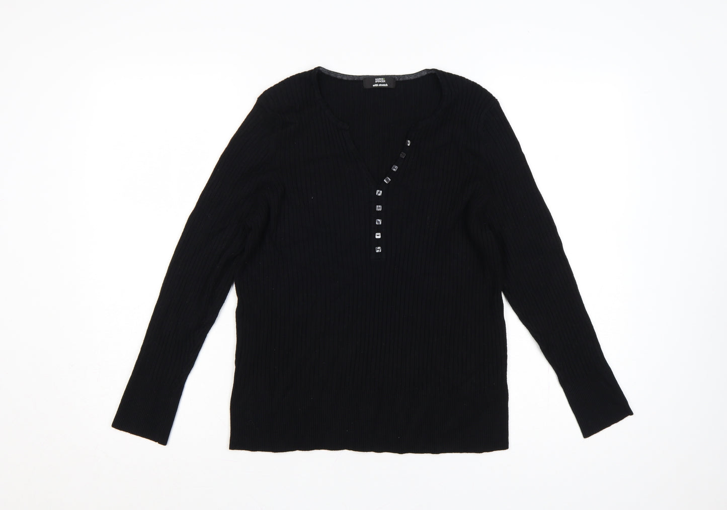 Marks and Spencer Women Black UK 22 Ribbed V-Neck Henley Jumper Stretch
