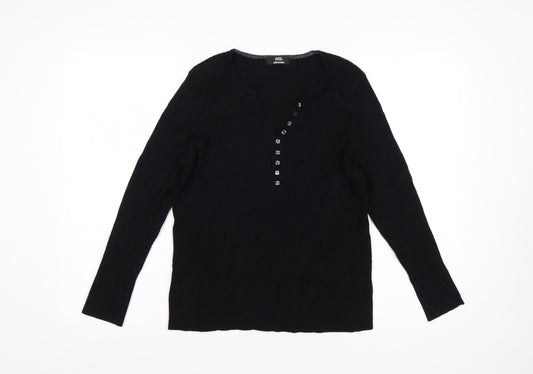 Marks and Spencer Women Black UK 22 Ribbed V-Neck Henley Jumper Stretch