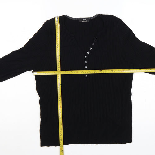 Marks and Spencer Women Black UK 22 Ribbed V-Neck Henley Jumper Stretch