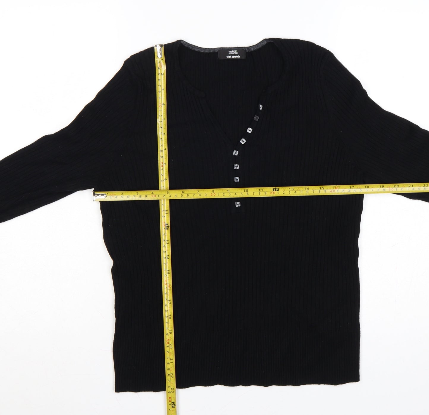 Marks and Spencer Women Black UK 22 Ribbed V-Neck Henley Jumper Stretch