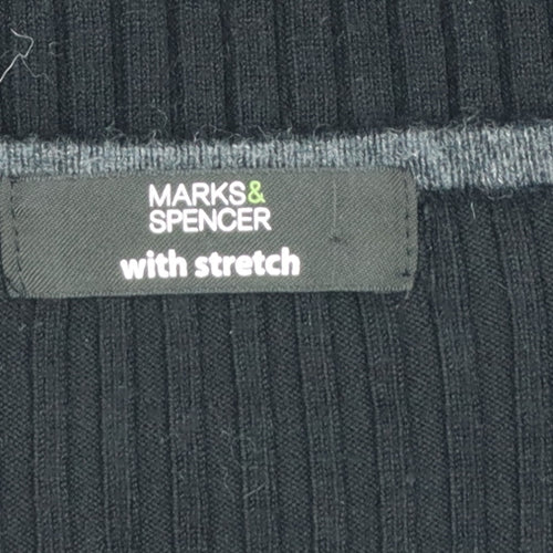 Marks and Spencer Women Black UK 22 Ribbed V-Neck Henley Jumper Stretch