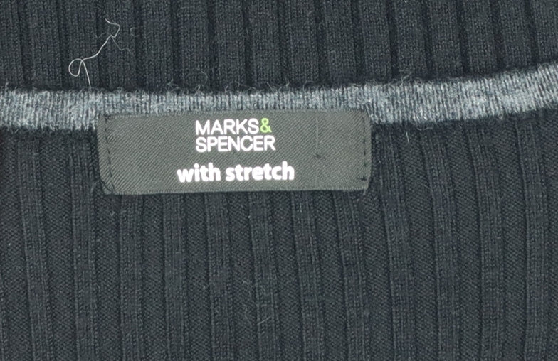 Marks and Spencer Women Black UK 22 Ribbed V-Neck Henley Jumper Stretch