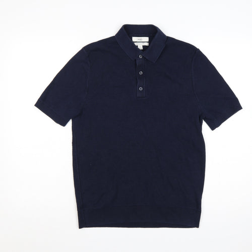 Marks and Spencer Men’s Blue M Cotton Rich Short Sleeve Knit Polo