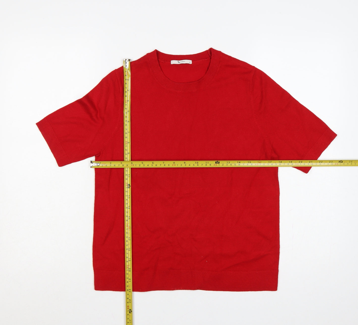 Tu Women Red Size 14 Short Sleeve Crew Neck Fine Knit Jumper