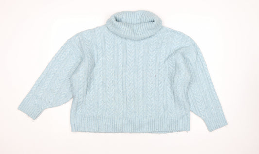 Nutmeg Women Blue Size 14 Cable Knit Roll Neck Jumper
