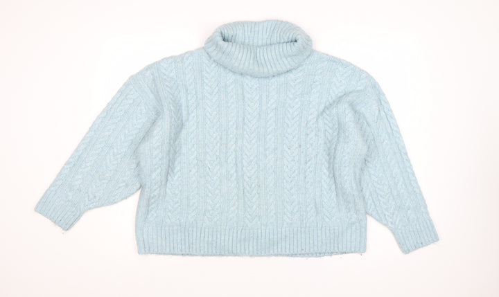 Nutmeg Women Blue Size 14 Cable Knit Roll Neck Jumper