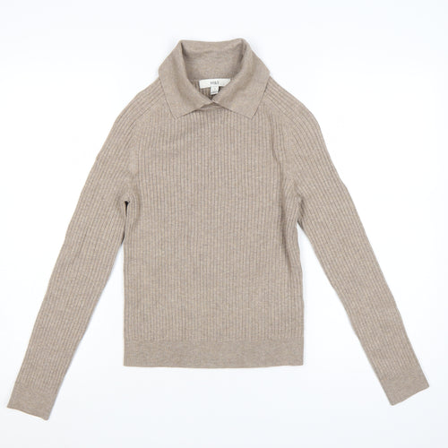 Marks and Spencer Women Beige S Ribbed Roll Neck Knit Jumper