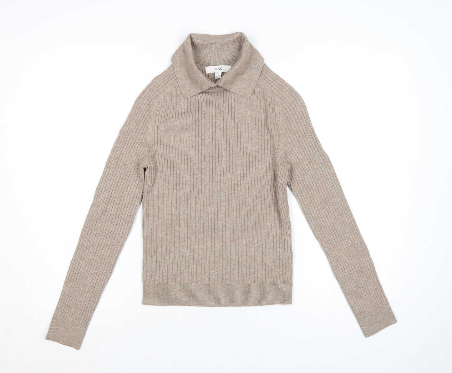 Marks and Spencer Women Beige S Ribbed Roll Neck Knit Jumper