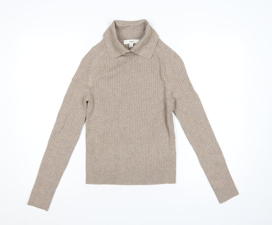 Marks and Spencer Women Beige S Ribbed Roll Neck Knit Jumper