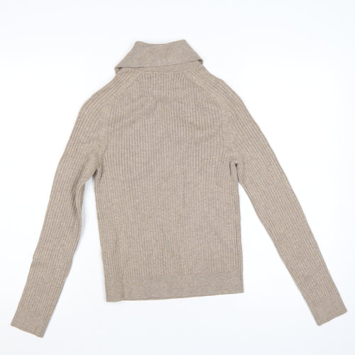 Marks and Spencer Women Beige S Ribbed Roll Neck Knit Jumper
