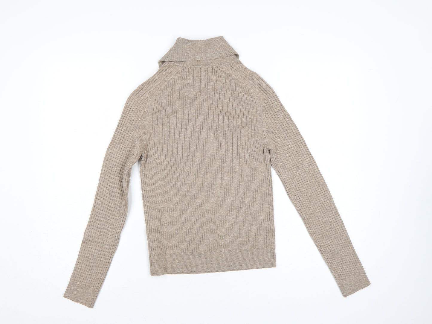 Marks and Spencer Women Beige S Ribbed Roll Neck Knit Jumper