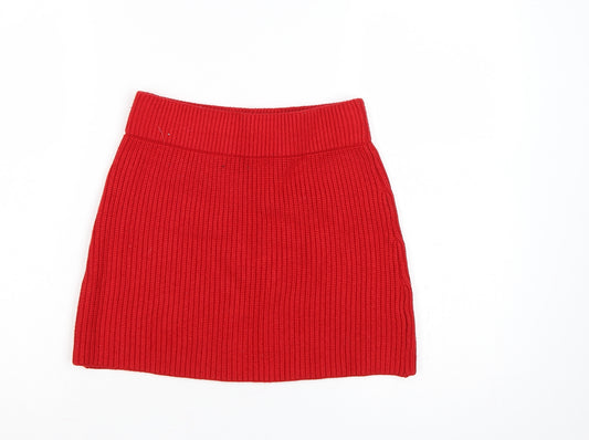 Zara Women Red S Ribbed Knit High Rise Mini Pencil Skirt