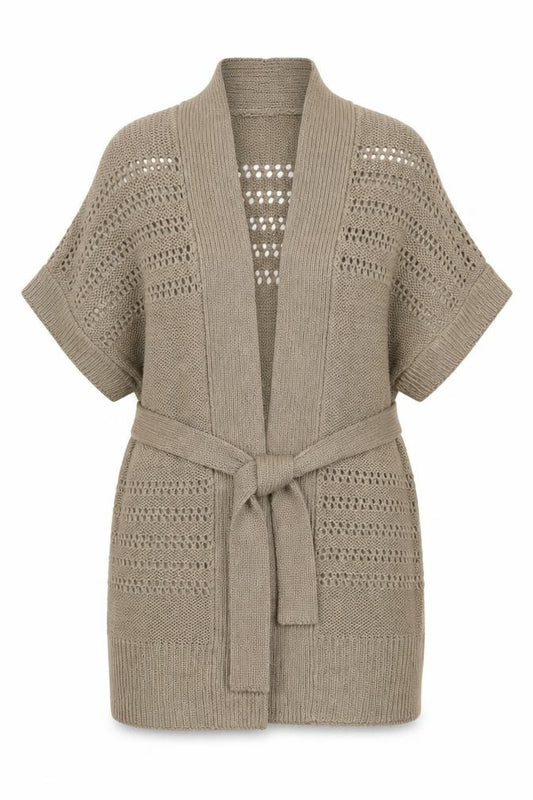 TU Women Beige Size 14 Open Knit Belted Sleeveless Wrap Cardigan