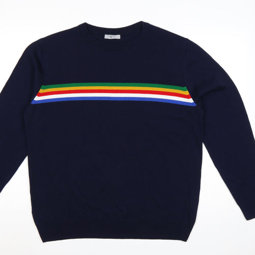 Tu Man Men's Blue L Rainbow Stripe Crew Neck Acrylic Jumper