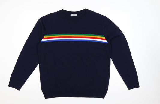 Tu Man Men's Blue L Rainbow Stripe Crew Neck Acrylic Jumper