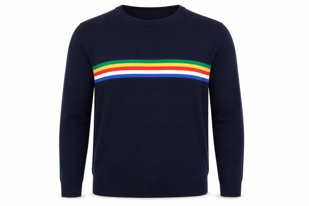 Front view of Tu Man Men's Blue L Rainbow Stripe Crew Neck Acrylic Jumper