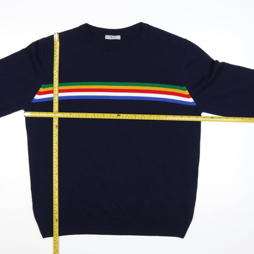 Tu Man Men's Blue L Rainbow Stripe Crew Neck Acrylic Jumper