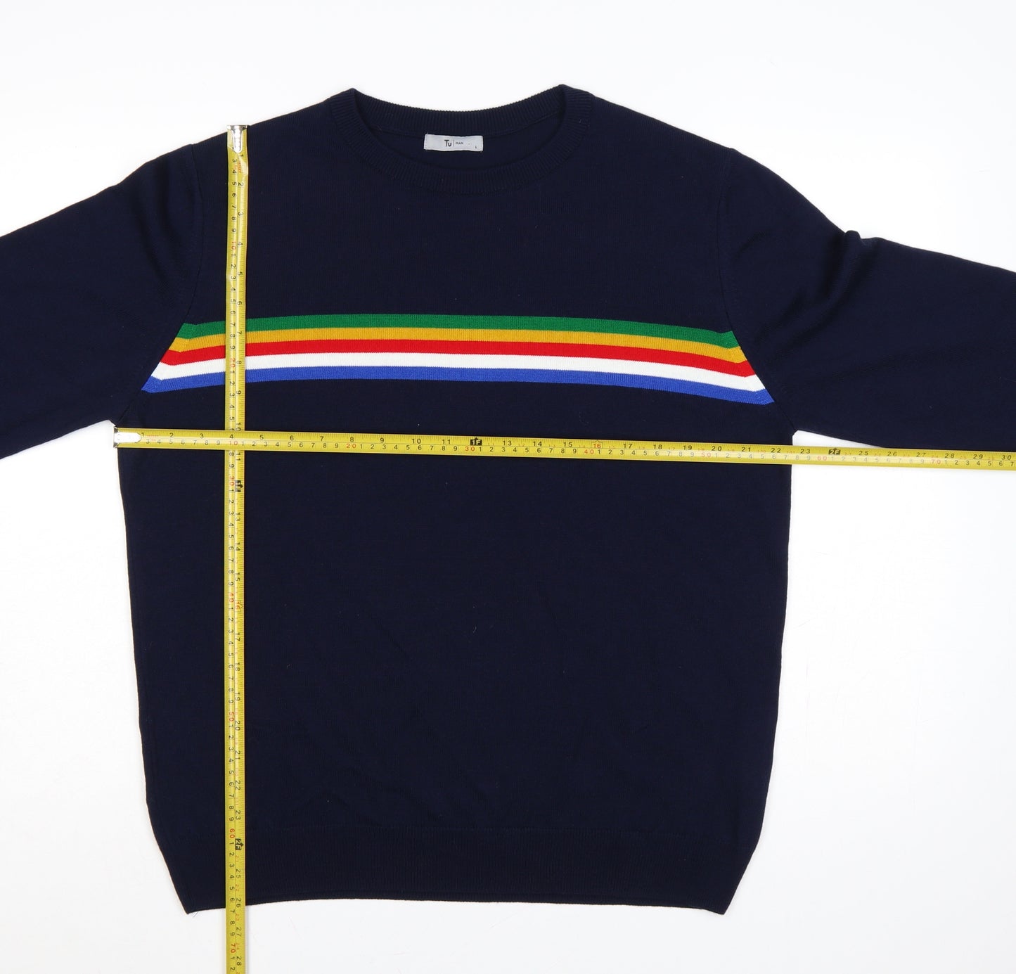 Tu Man Men's Blue L Rainbow Stripe Crew Neck Acrylic Jumper