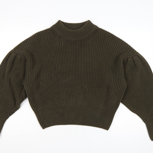 H&M Women Brown M Rib Knit High Neck Balloon Sleeve Jumper