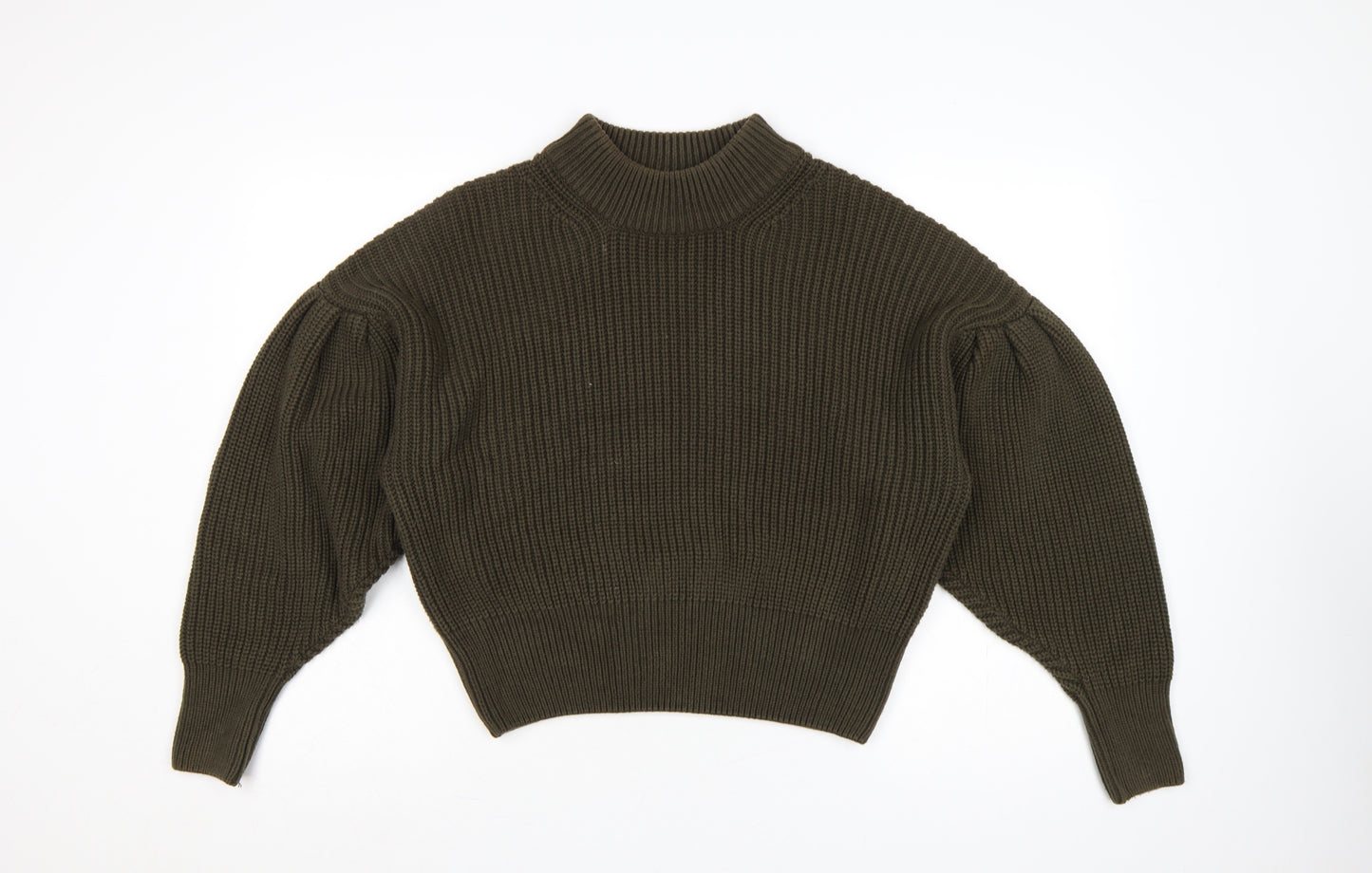 H&M Women Brown M Rib Knit High Neck Balloon Sleeve Jumper