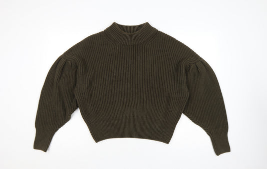 H&M Women Brown M Rib Knit High Neck Balloon Sleeve Jumper