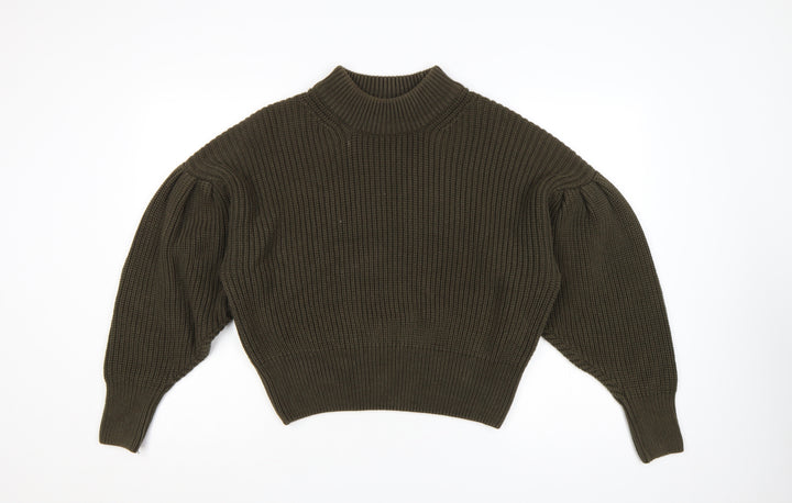 H&M Women Brown M Rib Knit High Neck Balloon Sleeve Jumper