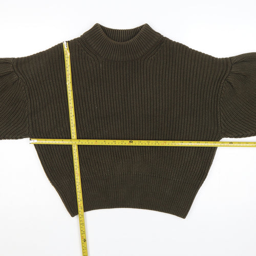 H&M Women Brown M Rib Knit High Neck Balloon Sleeve Jumper