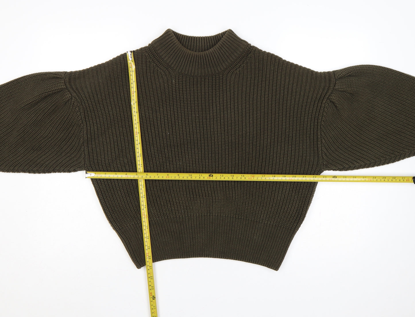H&M Women Brown M Rib Knit High Neck Balloon Sleeve Jumper