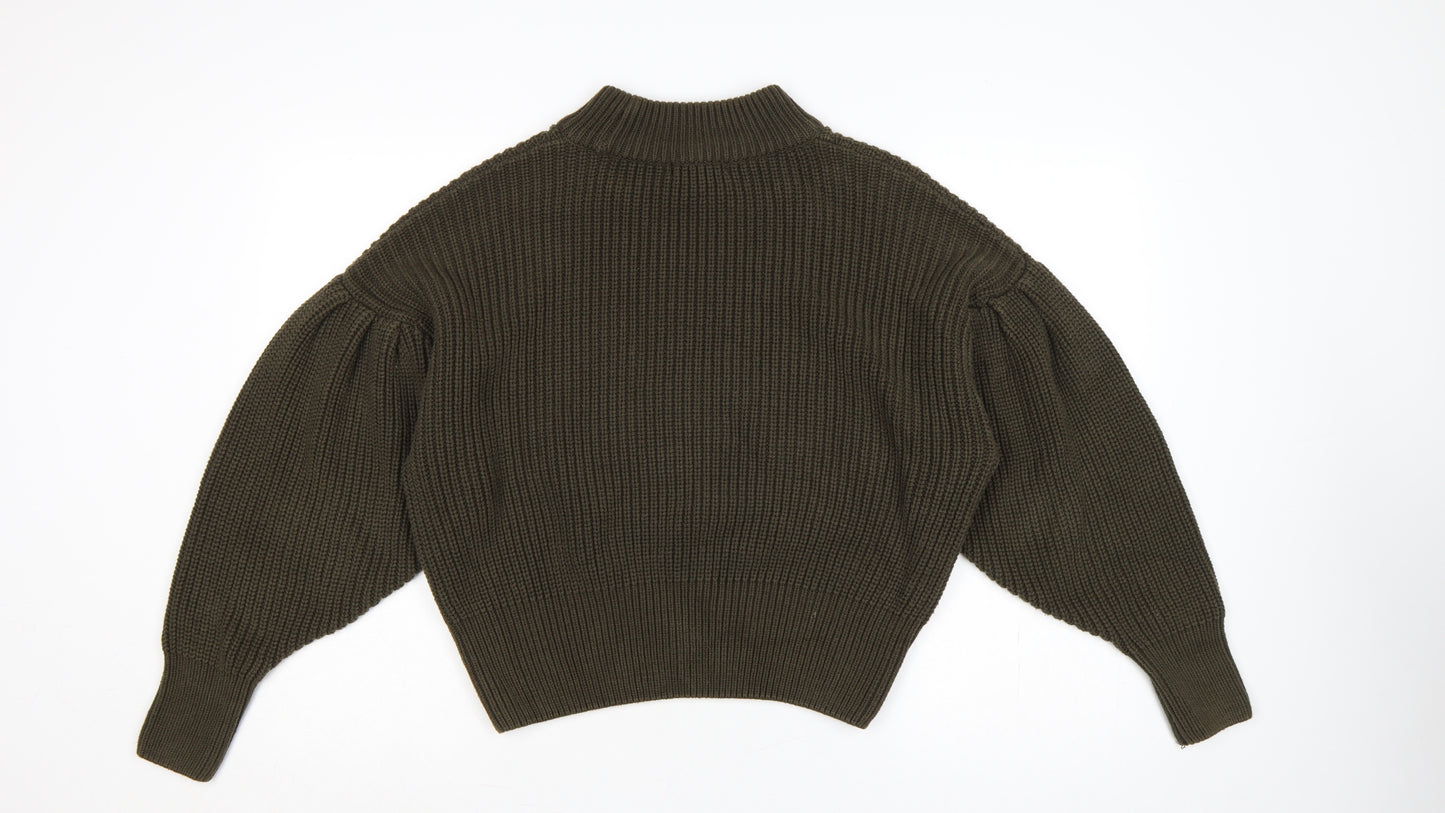 H&M Women Brown M Rib Knit High Neck Balloon Sleeve Jumper