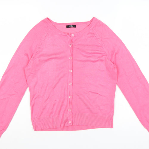 M&Co Women Pink Size 12 Petite Button Front Round Neck Cardigan