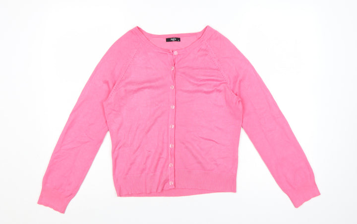 M&Co Women Pink Size 12 Petite Button Front Round Neck Cardigan