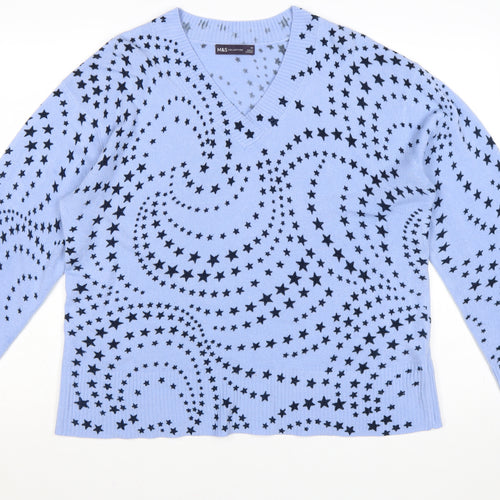 Marks and Spencer Women Blue Star V-Neck Knit Pullover Jumper Size 18