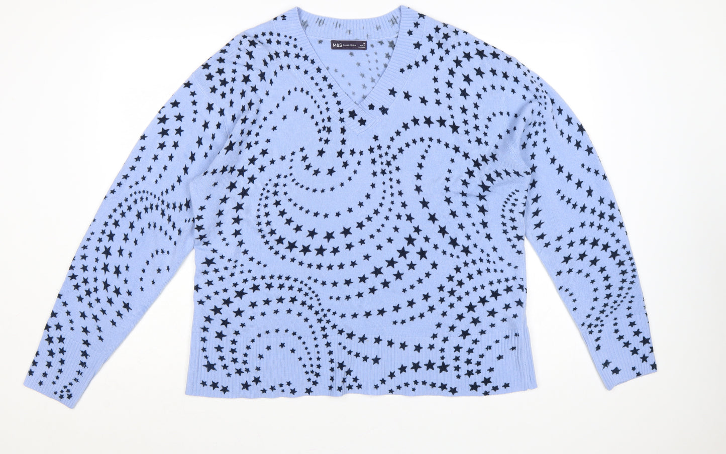 Marks and Spencer Women Blue Star V-Neck Knit Pullover Jumper Size 18