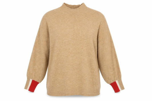 Front view of Next Women Beige XL Mock Neck Knit Jumper Red Stripe Cuffs