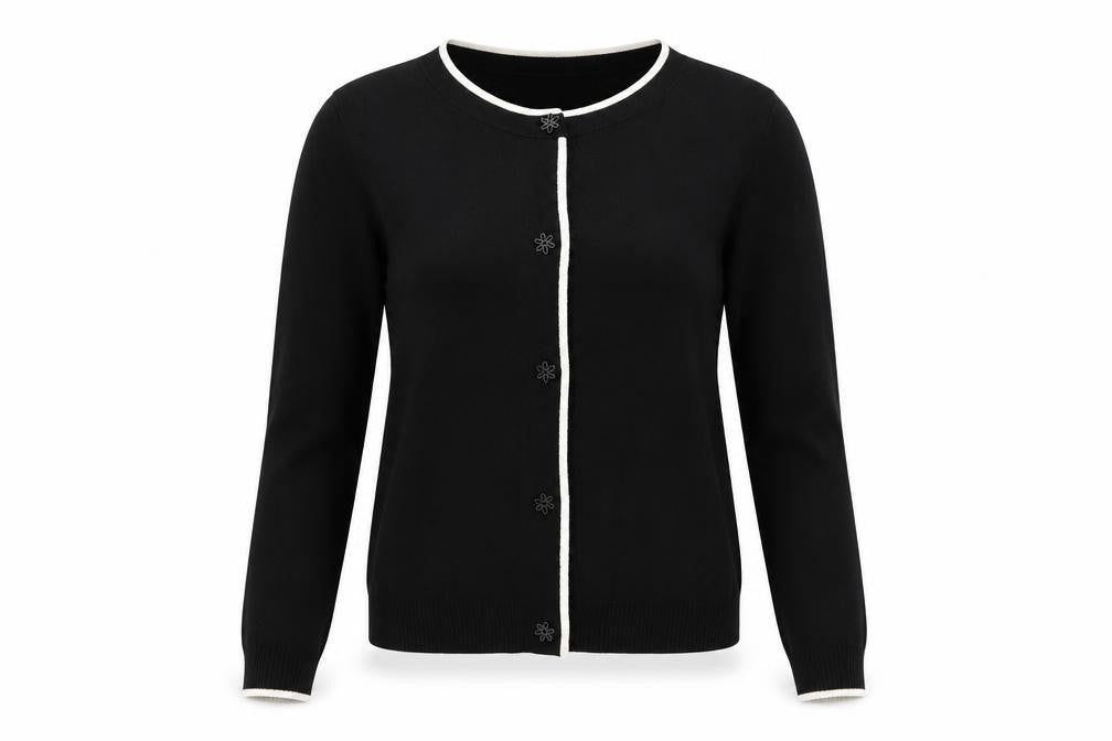 Tu Women’s Black S Fine Knit Contrast Trim Button Cardigan