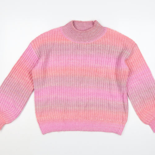 TU Women Pink Striped Chunky Knit Mock Neck Balloon Sleeve Jumper UK 12