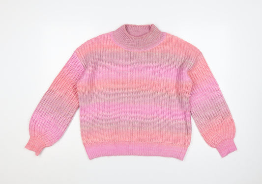 TU Women Pink Striped Chunky Knit Mock Neck Balloon Sleeve Jumper UK 12