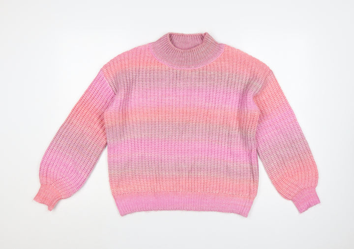 TU Women Pink Striped Chunky Knit Mock Neck Balloon Sleeve Jumper UK 12