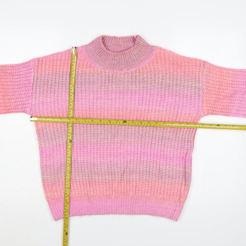 TU Women Pink Striped Chunky Knit Mock Neck Balloon Sleeve Jumper UK 12