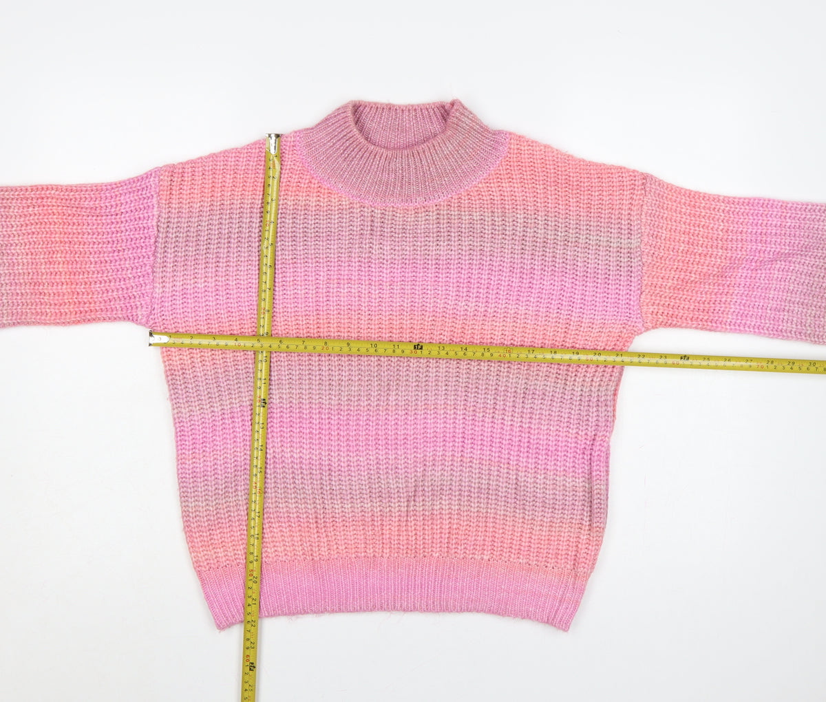 TU Women Pink Striped Chunky Knit Mock Neck Balloon Sleeve Jumper UK 12
