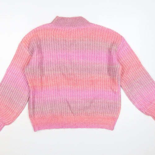 TU Women Pink Striped Chunky Knit Mock Neck Balloon Sleeve Jumper UK 12
