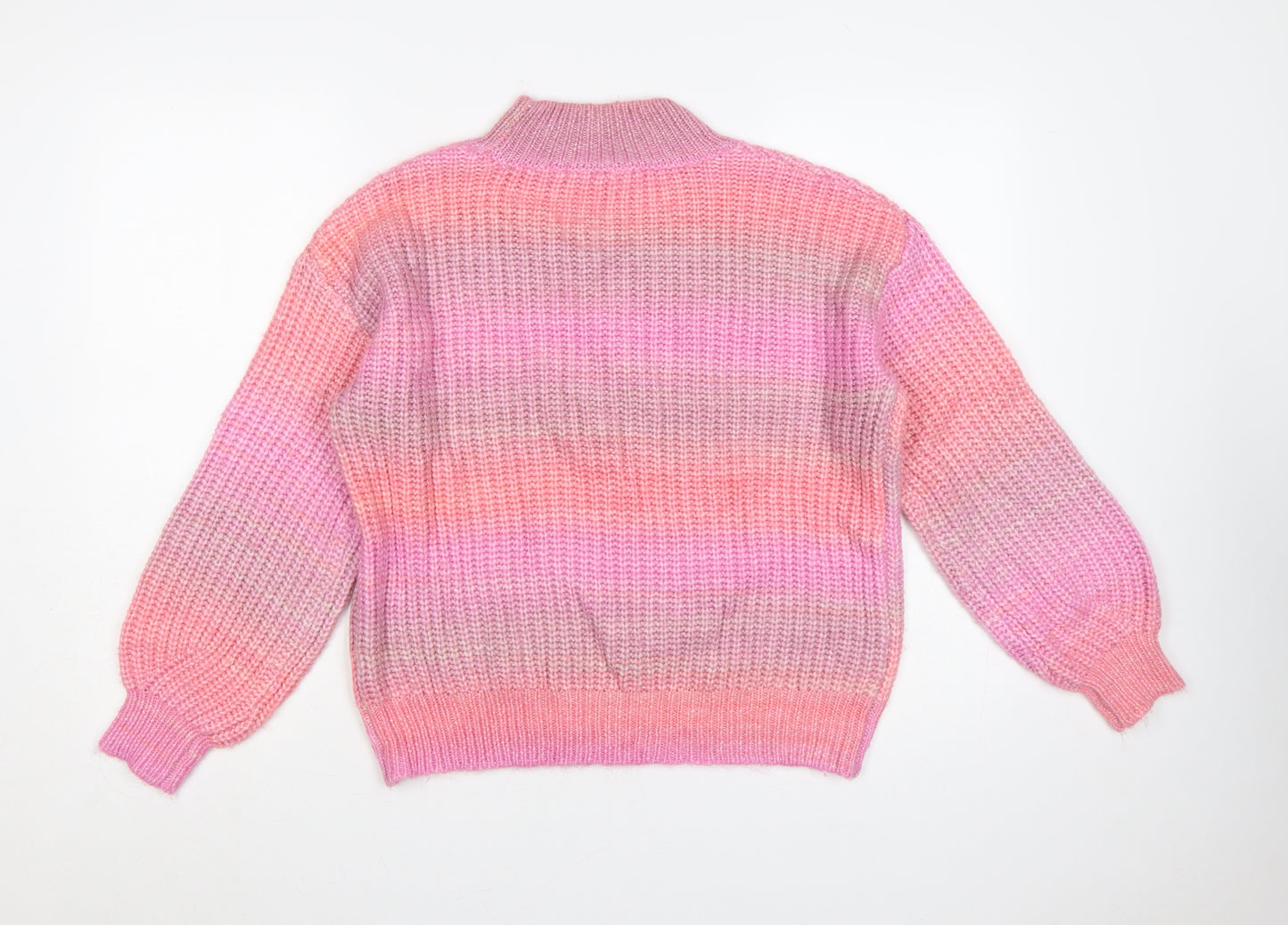 TU Women Pink Striped Chunky Knit Mock Neck Balloon Sleeve Jumper UK 12
